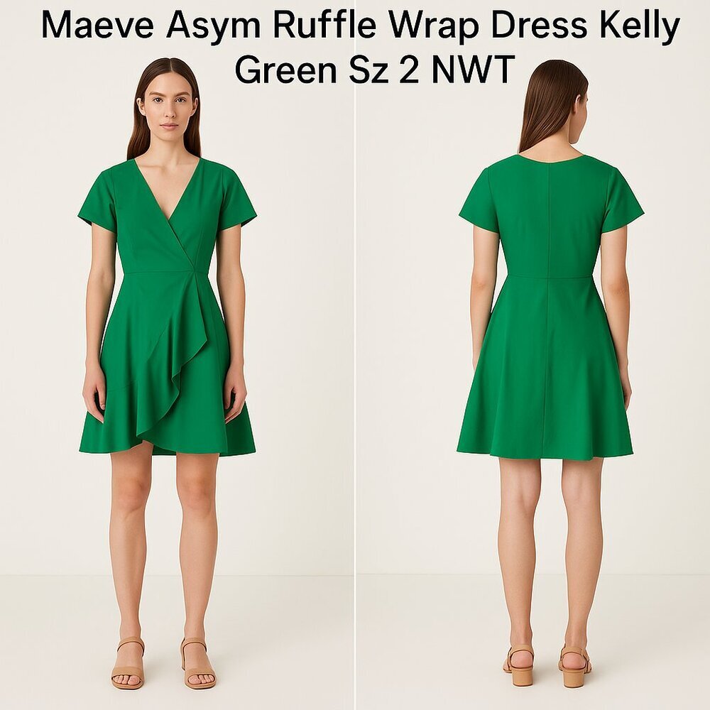 Maeve Asymmetrical Ruffle Wrap Dress Ruffle Wrap/Zip Dress Kelly Green Sz 2 NWT